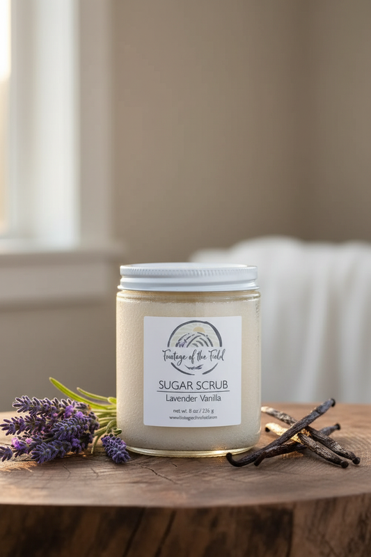 Lavender Vanilla Sugar Scrub with balanced styling
